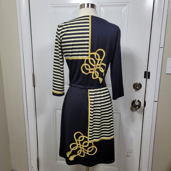 J. McLaughlin Black Gold 3/4  Sleeve Striped Drawstring Dress Size M - Picture 6 of 10